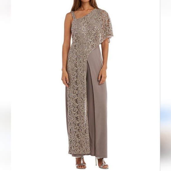 R&M mother of Bride one side cape jumpsuit tan beige sequins sz 8 - Picture 1 of 9